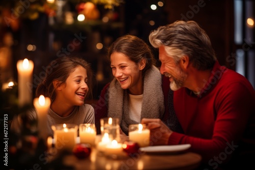 A Warm and Cozy Christmas Scene of a Family Gathered Around the Table, Lighting Advent Candles, with Smiles and Love in Their Eyes