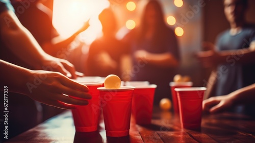 Cups and plastic ball for beer pong game on table. photo
