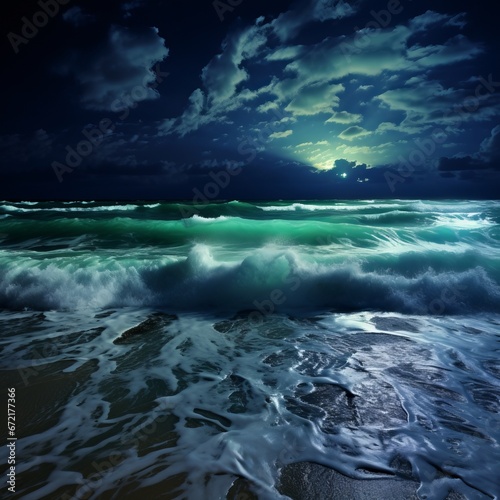 Night s Tempest  The Enchanted Midnight Sea with Towering Emerald Waves