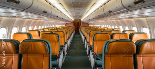 Airplane seat interior. Orange color theme. Generative AI technology. © Hero Design