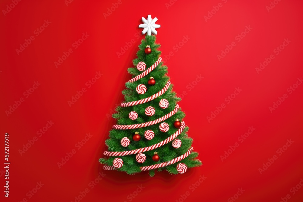 Vibrant Christmas Tree Adorned with Festive Ornaments on Radiant Red Backdrop - Generative AI Vibrant Christmas Tree Adorned with Festive Ornaments on Radiant Red Backdrop - Generative AI