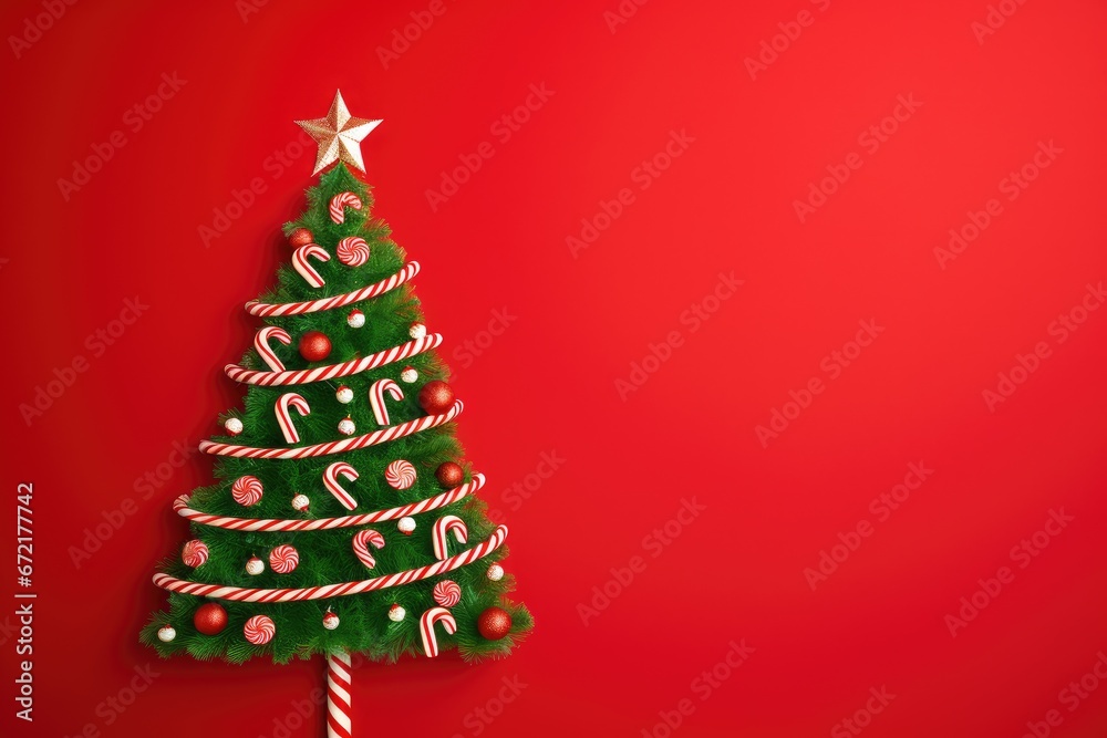 Vibrant Christmas Tree Adorned with Festive Ornaments on Radiant Red Backdrop - Generative AI Vibrant Christmas Tree Adorned with Festive Ornaments on Radiant Red Backdrop - Generative AI