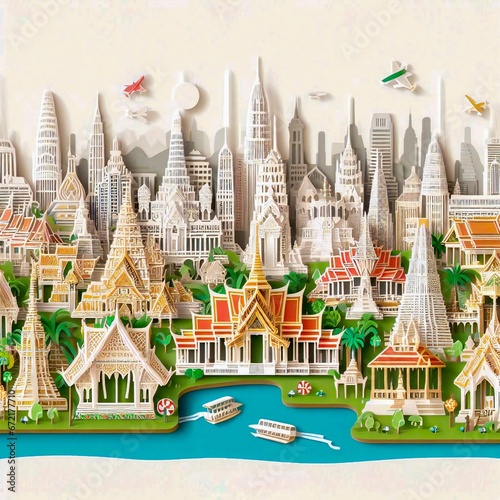 Postcard of world famous tourist attractions of Thailand in paper cut style, illustration.