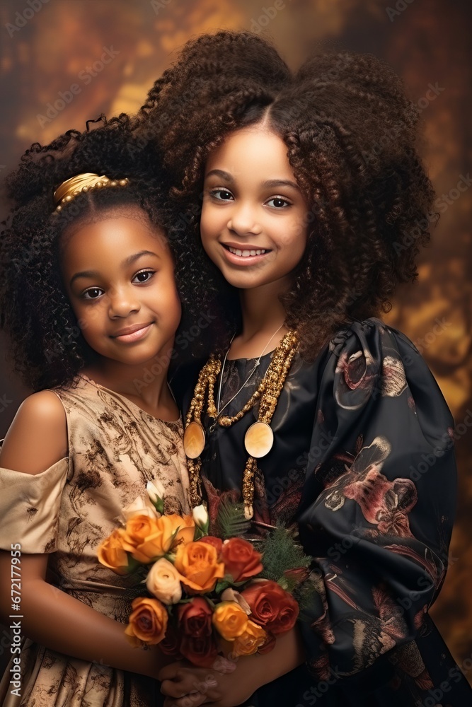 African sisters with dark locks are in a great mood and having a great time. Picture of embracing girls who look beautiful African sisters with dark locks are in a great mood and having a great time. Picture of embracing girls who look beautiful