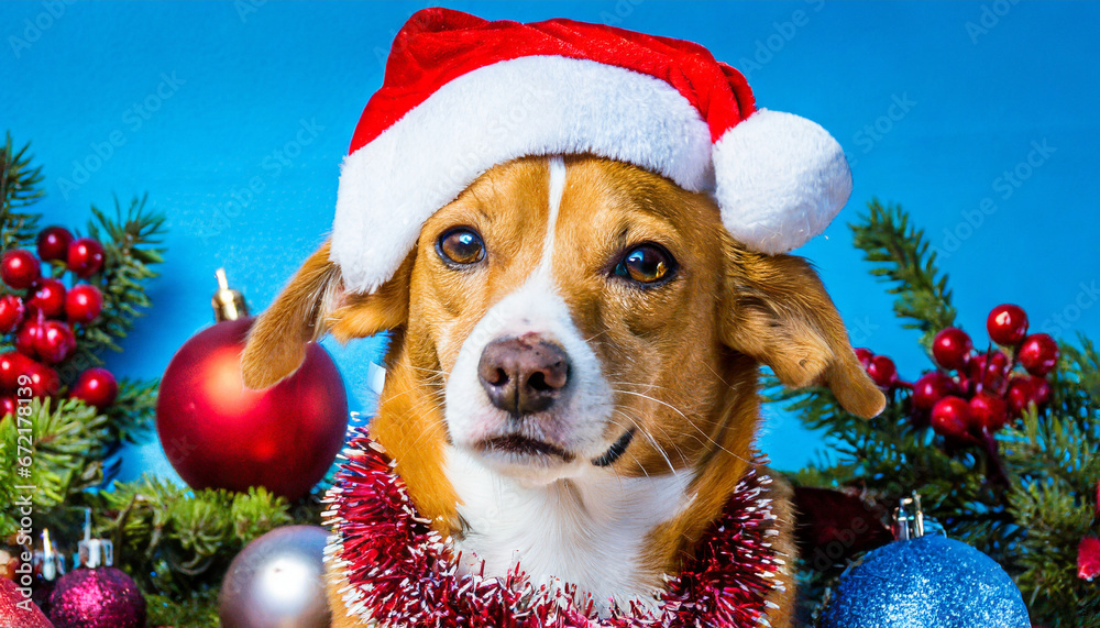 Dog santa claus with christmas tree and gifts