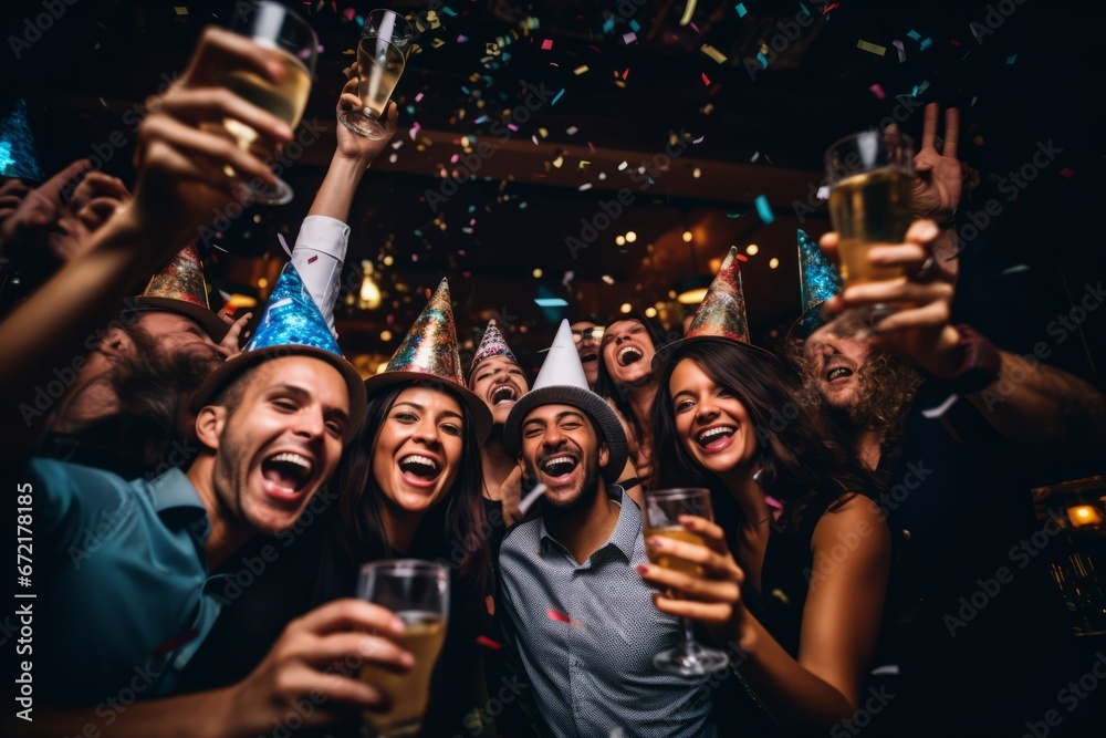 A joyful gathering of diverse individuals wearing colorful party hats, raising their glasses in celebration of the New Year's Eve countdown