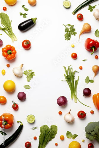 Various fresh vegetables on white background, top view, banner