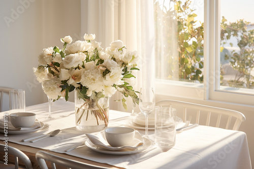 Festive dinner table served with beautiful porcelain and flowers