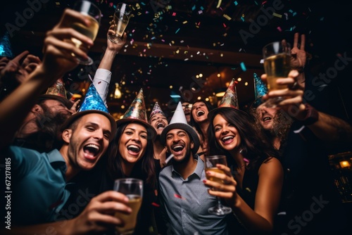A joyful gathering of diverse individuals wearing colorful party hats, raising their glasses in celebration of the New Year's Eve countdown