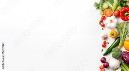 Various fresh vegetables on white background, top view, banner