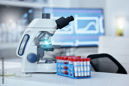Science, blood sample and microscope in laboratory for research, DNA testing and examination. Healthcare, biotechnology and medical equipment for vaccine development, analysis and medicine discovery