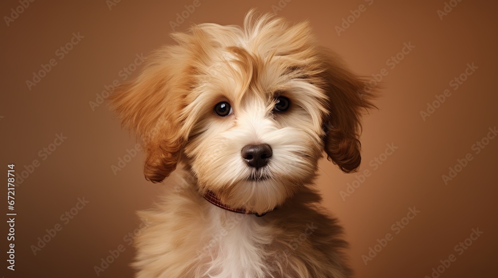 Lovely eskapoo puppy dog, isolated on a background of brown. dog in a studio photo. front aspect