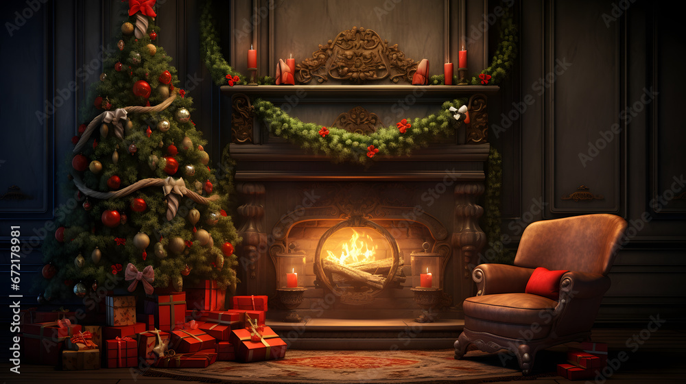 3d fireplace and decorated christmas tree, in the style of large canvas format, realistic