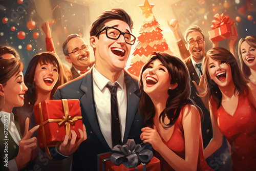 Illustration of a festive New Year's corporate party. a lot of people give each other gifts near the Christmas tree and rejoice