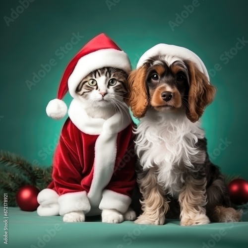 friendship, cat and dog at Christmas night. © banthita166