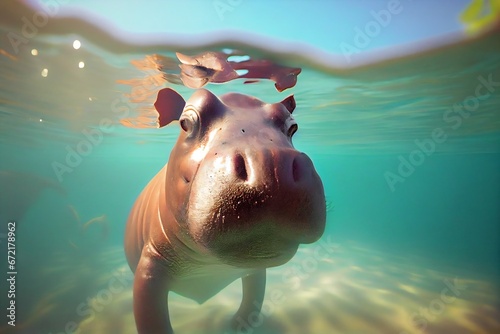 Baby hippopotamus swimming underwater in the sea.