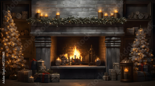 fireplace xmas decor, in the style of photo-realistic landscapes, historical, gray and bronze, vintage atmosphere, large canvas format, trompe l’oeil technique