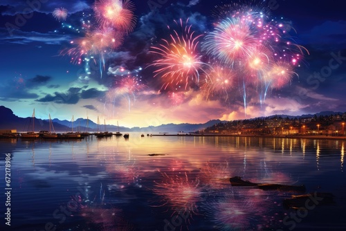 Aerial view of colorful fireworks over lake or river in a summer evening. Fireworks reflect from water. Beautiful festive scene. New Year and Christmas celebration