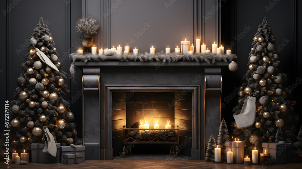 holiday scene with mantel fireplace christmas tree, in the style of photorealistic, dark gray, wood, dark gray and bronze, lightbox holiday scene with mantel fireplace christmas tree, in the style of photorealistic, dark gray, wood, dark gray and bronze, lightbox