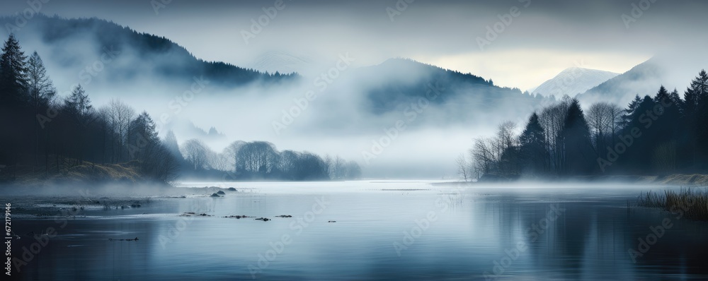 Beautiful lake or sea in misty morning. Forest and clouds are reflected in the calm water surface. Norwegian landscape with dark forest and lake among low clouds. Nature, ecology, eco tourism