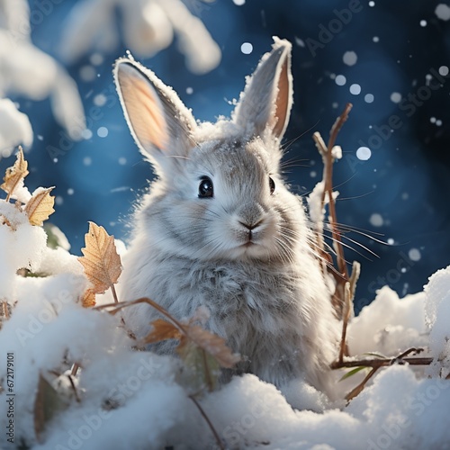 a cute winter bunny in the snow. Romantic minimal season greetings concept. Generative AI