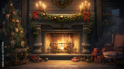 beautiful christmas fireplace 3d renderings, in the style of uhd image, american tonalism, oil on canvas, dark gray and gold, cartoonish elements