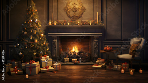 christmas tree standing in front of a fireplace and christmas presents, in the style of photo-realistic landscapes, photorealistic rendering, cabincore, dark gold and gray, trompe l’oeil