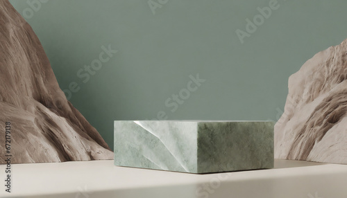 pastel sage and beige stones on a table in sunlight from a window podium for your product, food, cosmetics, galanterie, flovers  photo
