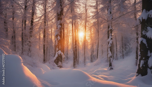Winter Snow Forest at Sunset © Abood