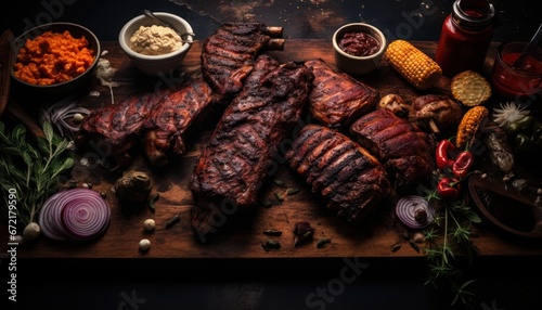 Photo of a Rustic Wooden Cutting Board Displaying a Delicious Assortment of Fresh BBQ Meat