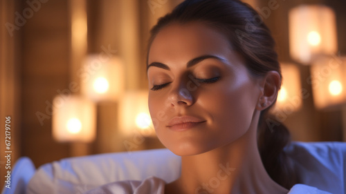 A beautiful woman relaxes after giving a massage to a masseuse at a modern luxury spa. 