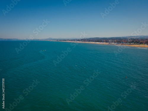 Flight over the sea. Seascape from a drone of the Adriatic coast Italy, Rimini