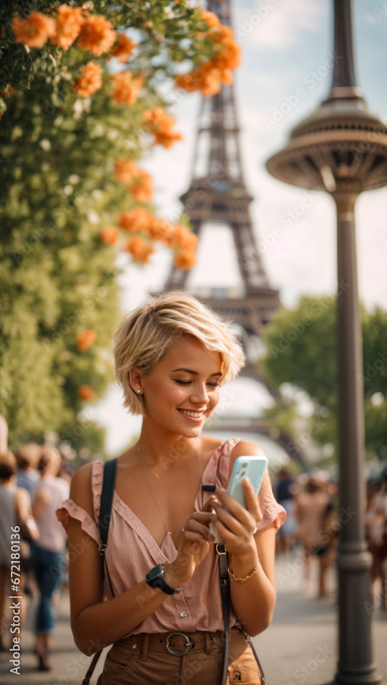 Fototapeta premium Junge Frau auf Europareise macht ein selfie, generated image