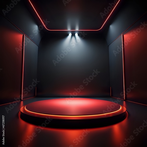 Modern black podium design for product display or product stand with cinematic background and lighting made with Generative AI