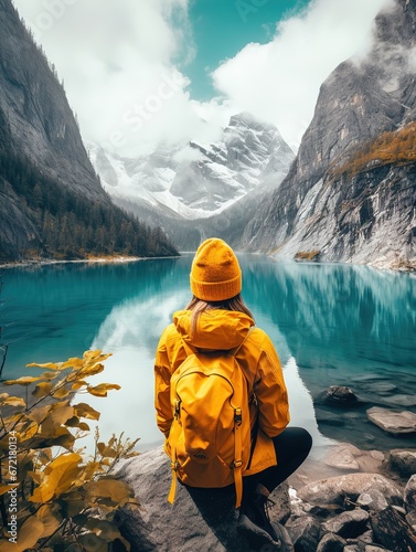 A tourist in a yellow jacket stands at a viewpoint. View of a turquoise mountain lake. Ai generative.