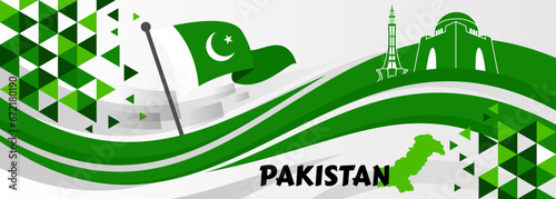 Pakistan national day banner, flag colors background and geometric abstract modern green white design. Pakistani flag independence day corporate business theme. Islamabad Vector Illustration.

