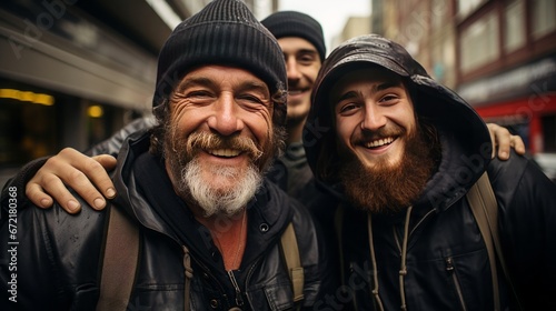 Portrait of smiling bearded men looking at camera in the city. Generative Ai.  © zorandim75