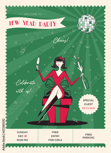 Night club retro New Year party invitation. New year poster in vintage style. 60s - 70s style Christmas poster with woman character in red coctail dress with champagne sitting on a gift box.