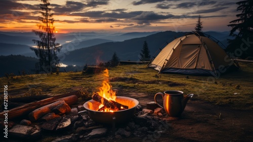 Camping in the mountains at sunset. Camping in nature. Generative Ai. 
