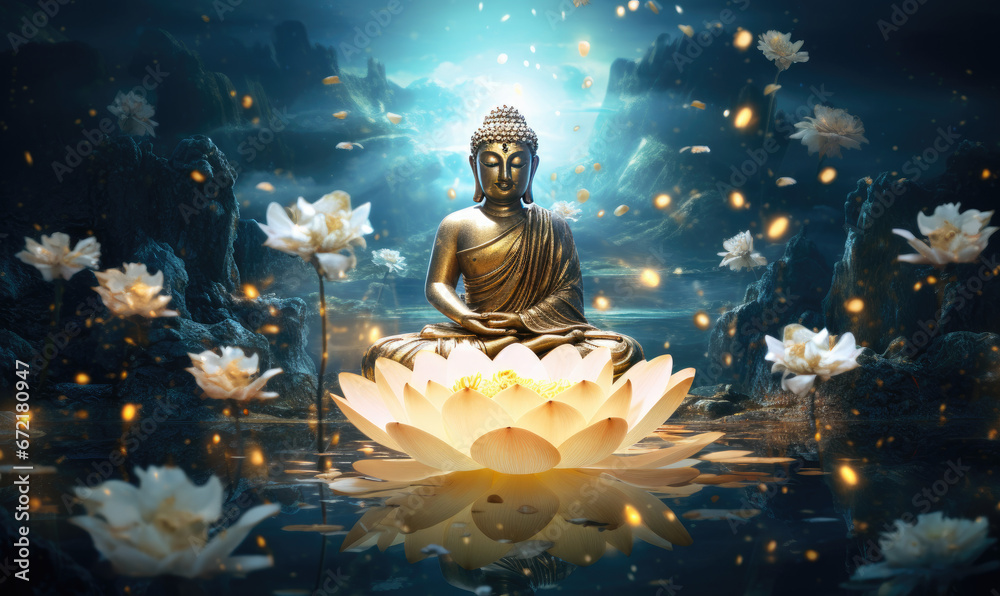 Glowing golden buddha decorated with lotuses and colorful flowers - obrazy, fototapety, plakaty 