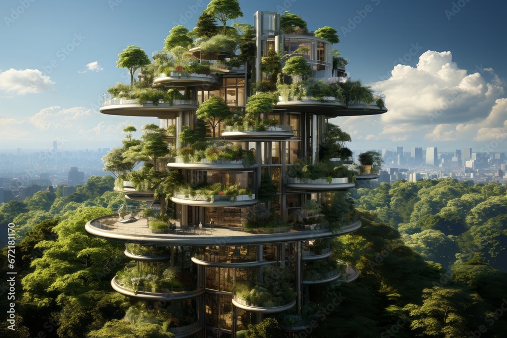 3D render of a modern building with a lot of green trees. Generative Ai. 