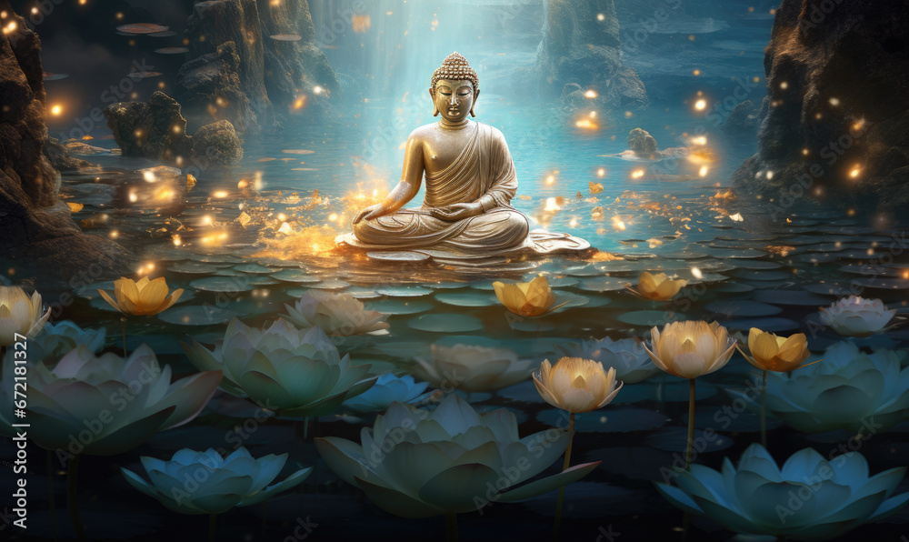 Glowing golden buddha decorated with lotuses and colorful flowers