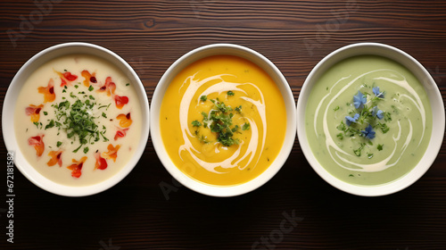 Three different colored cream soups