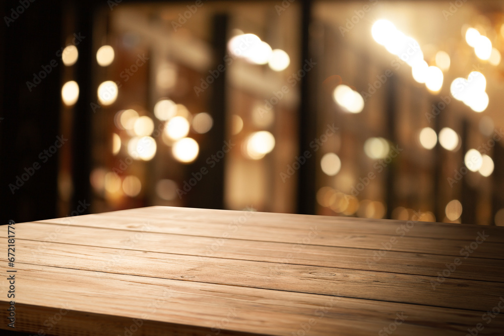 wooden table close up with cafe background blur, for photo montage or product display, space to place items on the table. wooden table close up with cafe background blur, for photo montage or product display, space to place items on the table.