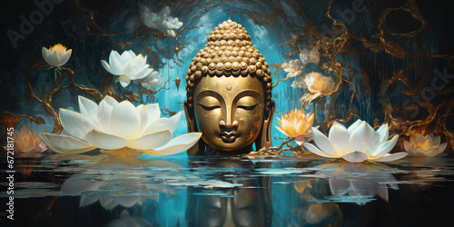 Glowing golden buddha decorated with lotuses and colorful flowers photo