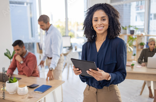 Office portrait, black woman and tablet for management, business research and startup leadership. Happy manager, employees or person with tech goals for Human Resources and company workflow photo