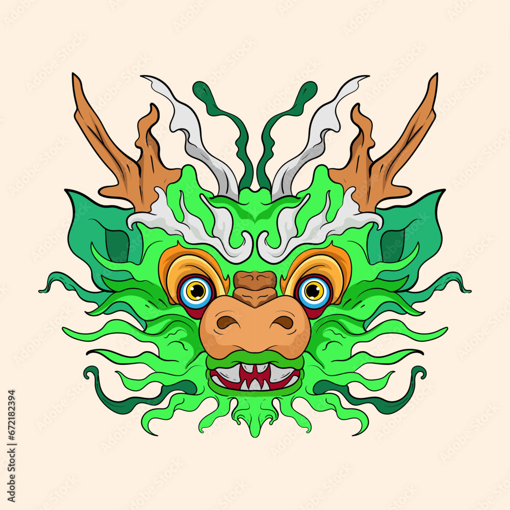 Chinese lion dance head, China Lunar New Year dragon mask. Traditional asian character, costume for holiday celebration, cartoon design element isolated on white background