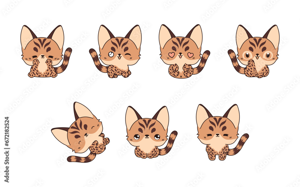 Collection of Vector Cartoon Bengal Cat Art. Set of Kawaii Isolated Baby Kitty Illustrations for Prints for Clothes, Stickers, Baby Shower, Coloring Pages