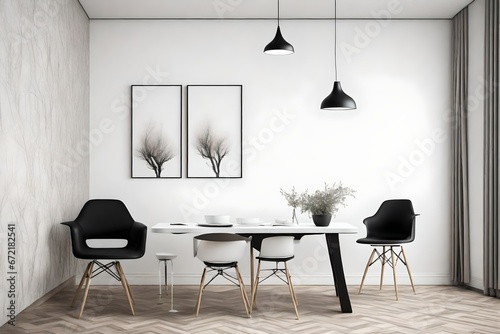 Interior design two black and white chairs and table on white wall with pending lamp photo
