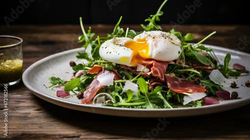 Dandelion salad with Iberic ham and a poached egg